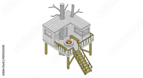 Treehouse cabin with fire pit and staircase