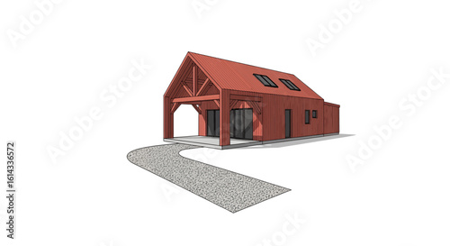 Red barn house with driveway and skylights