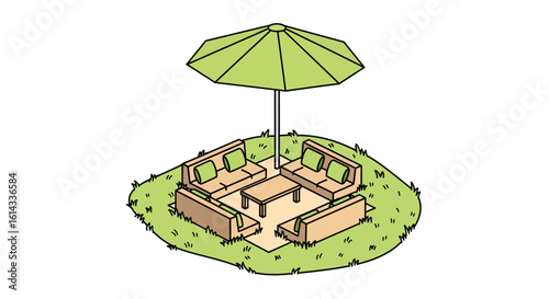 Outdoor seating area with umbrella and lawn