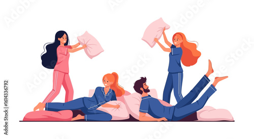 Festive slumber party with playful pillow fights and jubilant pajamas among close companions creating fun memories full of laughter and camaraderie
