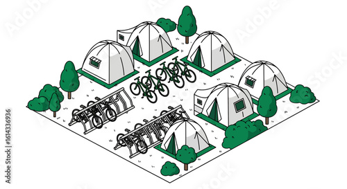 Camping site with tents, bikes, and recreational equipment