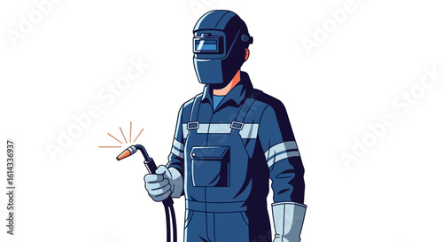 Skilled welder in safety gear holding welding torch, ready to begin a welding project showcasing industrial safety and skilled craftsmanship