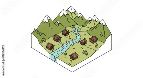 Mountain village landscape with river and wooden cabins