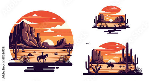 Serene sunset in the vast desert, a lone rider traverses the arid landscape under a warm sky, cacti, and rocky formations paint a vivid western scene