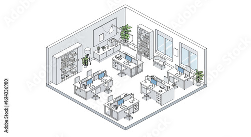 Office workspace interior with desks and bookshelves