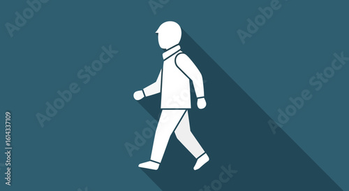 Minimalist representation of a walking figure with elongated shadow, conveying movement and simplicity in graphic illustration suitable for design