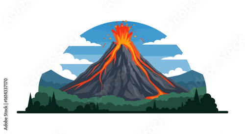 Dynamic eruption illustration, featuring a volcano spewing lava and ash against a scenic backdrop of mountains and forests