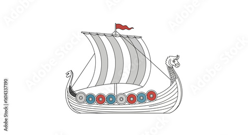 Stylized Line Art Illustration of a Classic Viking Longship on a Clean White Backdrop Design Illustration