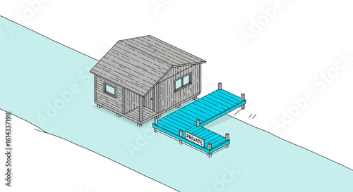 Cabin on water with dock and private sign