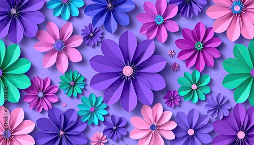 Layered Floral Paper Design with Elegant Shadows Displaying a Variety of Colorful Flowers on a Soft Pastel Purple Background