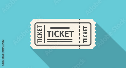 A Single Flat Design Ticket Against a Vivid Turquoise Backdrop Casting an Elongated Shadow Revealing the Excitement of Event Entry
