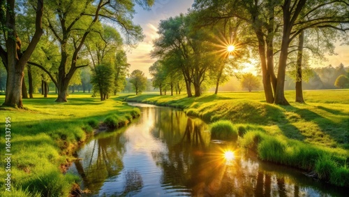 Serene Sunrise Illuminates a Tranquil River Winding Through a Lush Green Meadow, Bathed in the Golden Rays of the Morning Sun