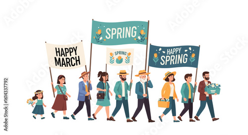 Joyful springtime celebration parade with diverse community members marching together carrying cheerful spring banners and floral accents