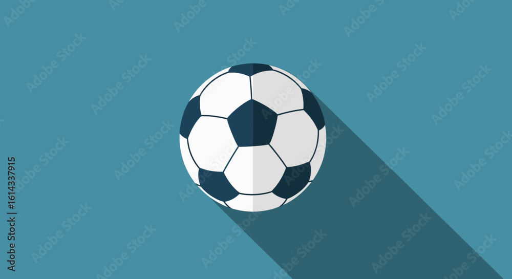 Obraz premium Clean Minimalist Soccer Ball Illustration with Long Shadow on Blue Background Displaying Artistic Flat Design