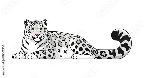 Elegant Snow Leopard Resting Calmly Illustration Depicting Graceful Feline Beauty with Detailed Markings and Sophisticated Design