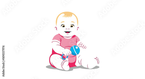 Delightful illustration of a baby playing with a blue rattle on a white background