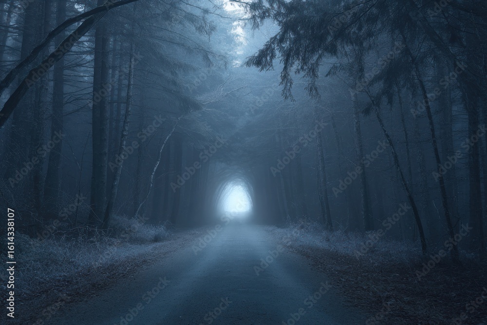 Fototapeta premium Enigmatic Forest Path: A Mystical Journey Through Foggy Woods