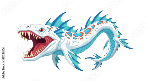 Fearsome leviathan with spiky fins and menacing teeth on a white background, illustration artwork with mythological design