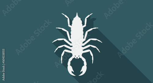 White silhouette of a scorpion with a long shadow on a dark turquoise background for arachnid enthusiasts or a symbol of zodiac