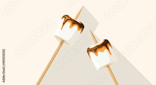 Whimsical Illustration of Two Marshmallows Skewered with Drizzled Chocolate Against Cream Backdrop