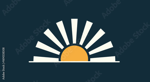 Geometric dawn illustration with radiant rays, stylized sunrise on a deep background offers a clean design with simple shapes