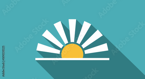 Stylized graphic illustration of sunrise over horizon with long shadows on a teal background evoking minimalistic design and optimistic outlook
