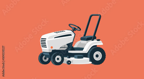 A vector illustration presenting a riding lawnmower designed for cutting grass in outdoor spaces and gardens depicted against a solid peach backdrop