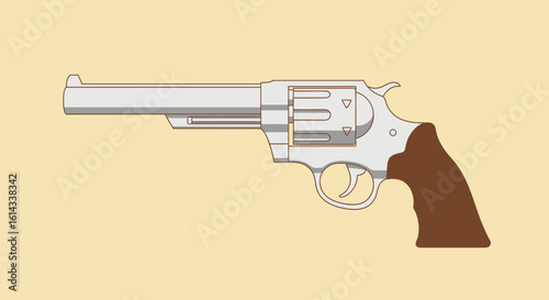 Stylized illustration of a vintage revolver gun against a warm beige background perfect for design projects, adding a touch of classic aesthetic to
