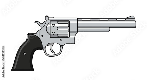 Illustration of a Silver Revolver with Black Grip on White Background Showcasing Intricate Details and Design Elements with Bold Outline