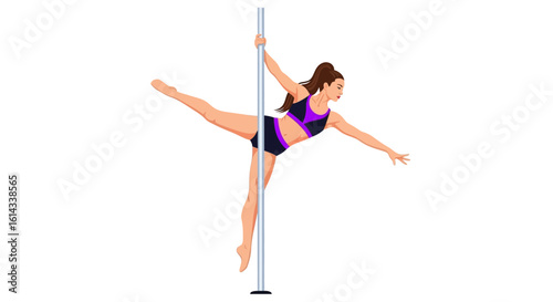 Captivating athletic woman executing a graceful pose on a dance pole with strength and flexibility showing artistic gymnastic skills