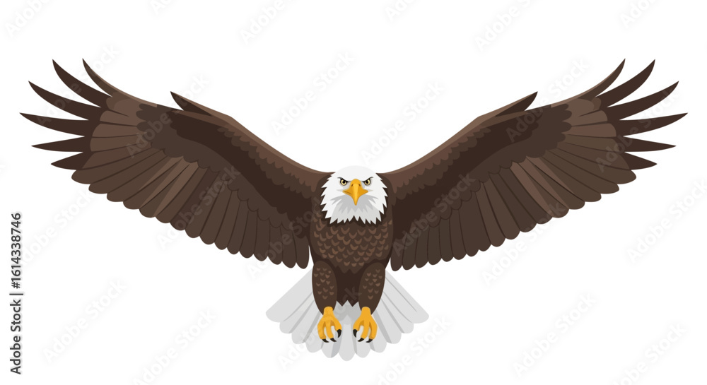 Obraz premium Illustration of an American Bald Eagle Soaring with Wings Extended Against White Backdrop