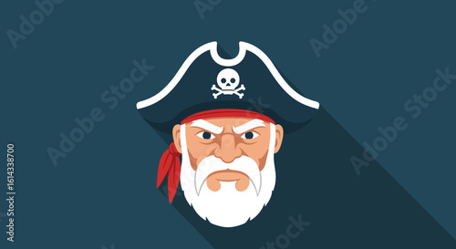 Cartoon pirate captain with traditional tricorn hat, skull symbol and angry expression  facing front with long shadow cast on a solid color backdrop