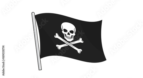 Pirate insignia on a waving black flag representing piracy and maritime adventures in a stylized illustration of danger and adventure at sea