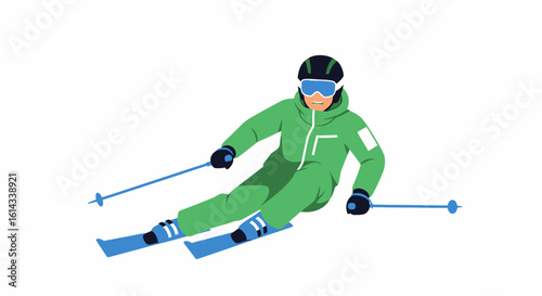 Isolated Skier in Green Suit Ascending Downhill with Equipment on Snowy Backdrop Portraying Winter Recreation and Sporty Action