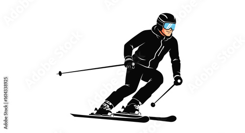 Silhouette of a skier gracefully gliding down a slope, embracing the thrill of winter sports and snowy adventures at wintertime, skillfully