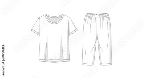 Simple technical drawing of a pajama set featuring a t-shirt and pants for fashion design blueprint illustration