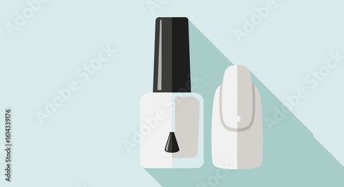 Flat vector illustration of nail polish bottle with nail, on a light blue background, minimalistic style creating a beauty or fashion concept design