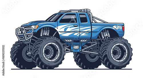 Illustrative Depiction of a Blue Monster Truck with Oversized Wheels for Off-Road Adventures