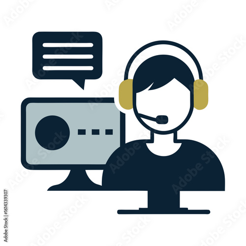 Customer service representative with headset and computer icon symbolizing online communication and support