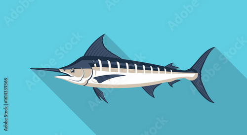Illustrative depiction of a solitary marlin isolated against a serene light blue backdrop showcasing simplicity and elegance in aquatic representation