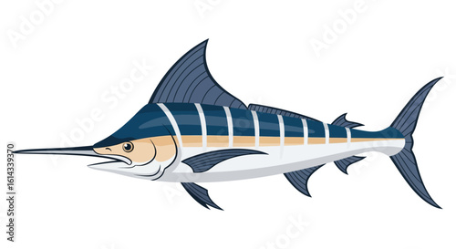 Isolated Marlin Fish Cartoon Illustration with Distinctive Colors and Sharp Features for Nautical or Educational Purposes