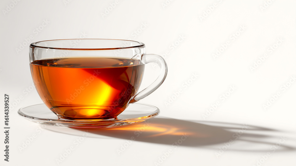 3D render of a glass cup with tea on a white background, with of the space reserved for text, captured with a 40mm lens. 3D render of a glass cup with tea on a white background, with of the space reserved for text, captured with a 40mm lens.