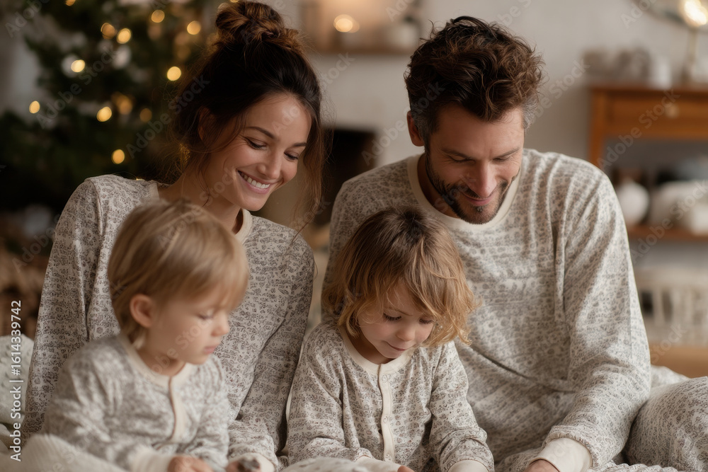 cozy family in matching pajamas gathers around living room to watch beloved christmas movie cozy family in matching pajamas gathers around living room to watch beloved christmas movie