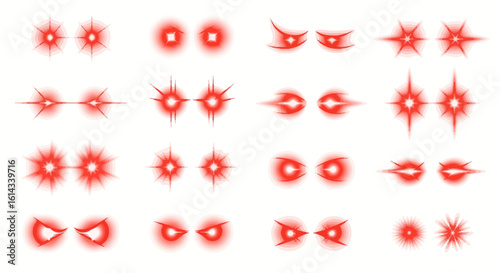Collection of menacing red eyes with varied luminosity on a clean white backdrop showcasing diverse expressions