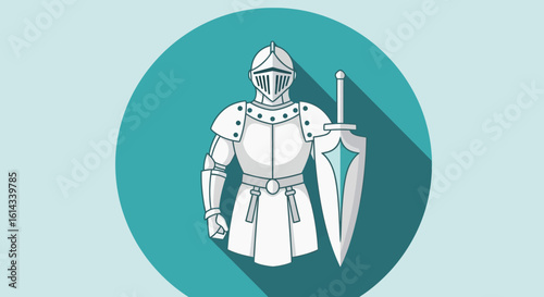 Stylized digital rendering depicting a medieval knight with a sword and shield within a turquoise circle design
