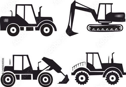 Silhouette vector set of heavy equipment including excavator, tractor, and loader for construction and industry themes


