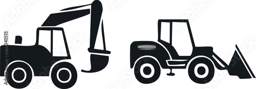 Excavator and loader vector icons in black silhouette construction style