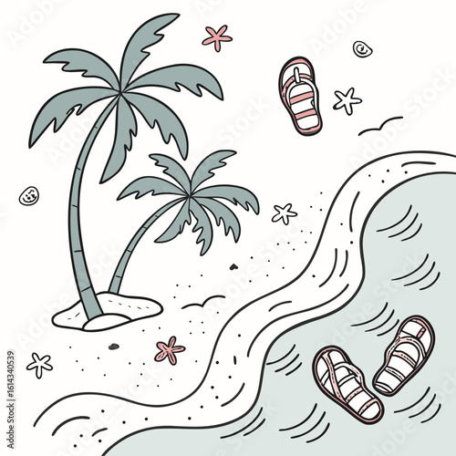 Cute cartoon beach scene with palm trees and flip flops