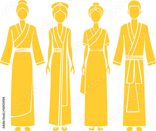 Elegant traditional ethnic garments featuring long robes in deep blue and gray, with folded wrap designs and tied waistbands, reflecting cultural fashion.

