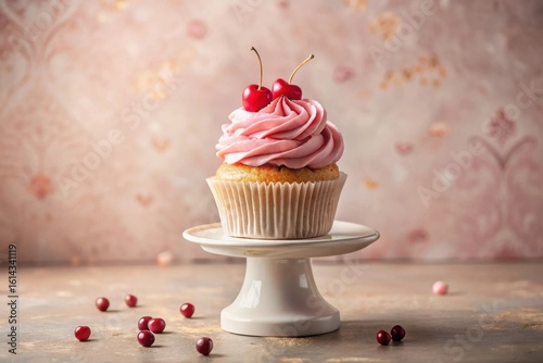 A Delicate Pink Cupcake Topped with Cherries, Presented on an Elegant Cake Stand, Surrounded by Scattered Berries